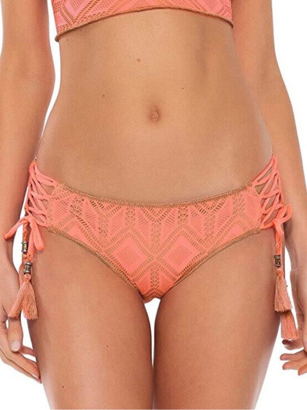 Becca Womens Wanderlust Crochet Emily Hipster Bottoms Size S Coral Lace Up Side